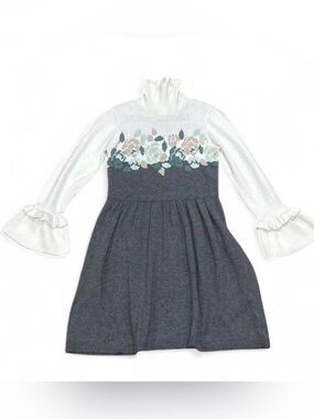 NWT Janie and Jack Grey Cream Floral Long Sleeve Dress Girls Size 8